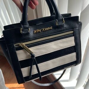 Betsey Johnson Black and White Striped Top-Handle Satchel